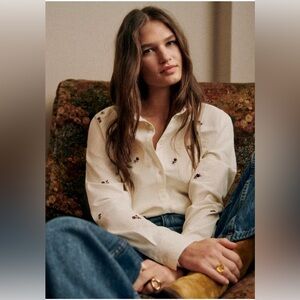 Sézane Cream Button-Down Shirt with Small Burgundy Floral Embroidery
